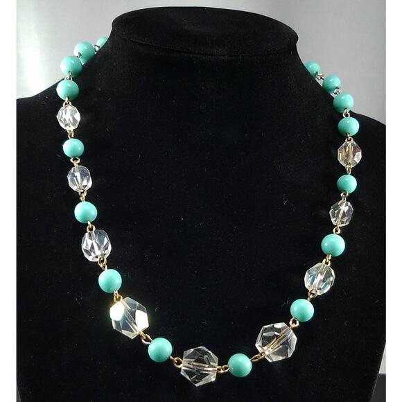 Vintage Art Deco Crystal Bead Necklace Turquoise Lucite 1940s 1950s Hand Cut 17" - Picture 6 of 10